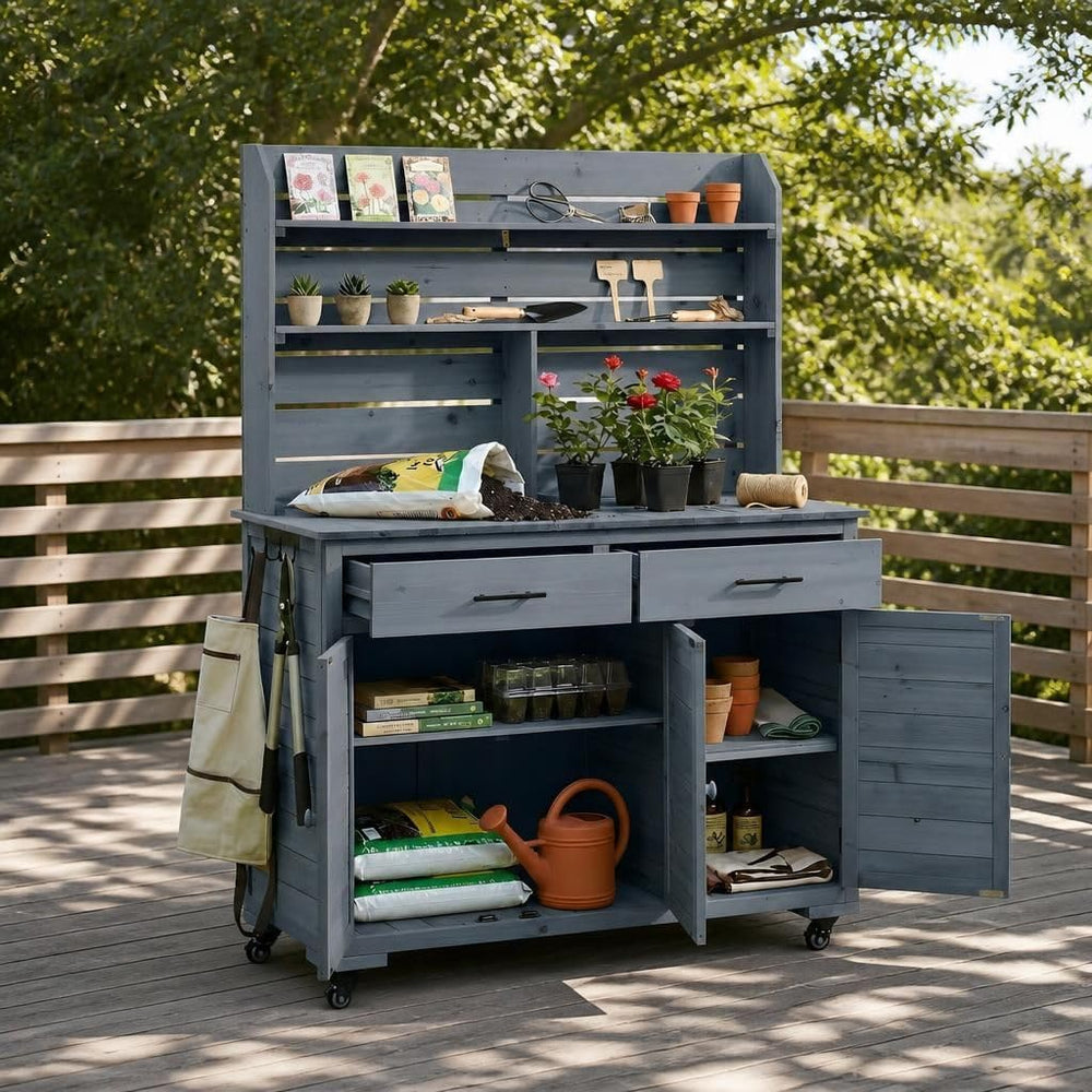 Large Outdoor Garden Potting Bench with Lockable Wheels Storage Cabinet Outdo...