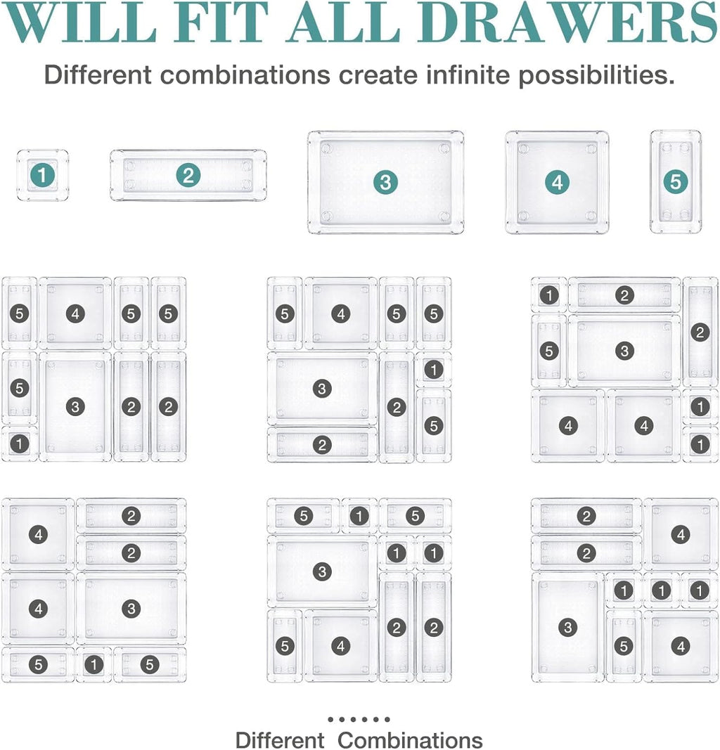 16 PCS Drawer Organizer Set, 5 Varied Size Bathroom and kitchen Drawer cabinet organizer Trays, Clear Storage Bins for Makeup, Jewelry, Utensils and Gadgets