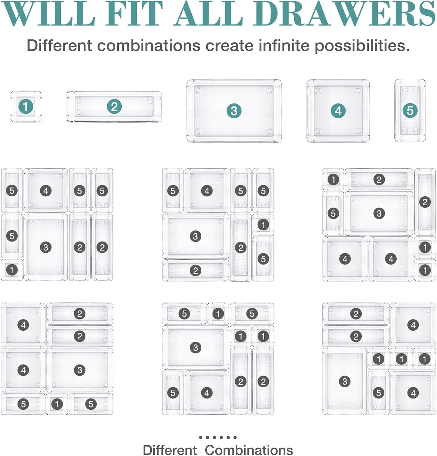 16 PCS Drawer Organizer Set, 5 Varied Size Bathroom and kitchen Drawer cabinet organizer Trays, Clear Storage Bins for Makeup, Jewelry, Utensils and Gadgets