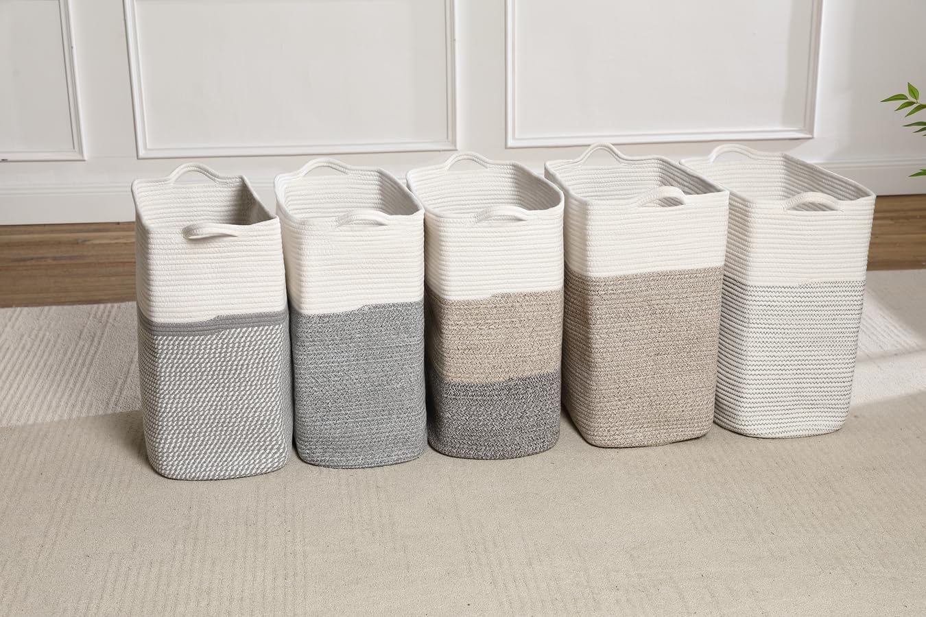 Tall Laundry Basket With Handles,Woven Cotton Rope Big Laundry Hamper Sorters,Versatile Storage for Dirty Clothes,Baby Toys,and Blankets in Bathroom, Nursery,and Living Room (White Brown, 80L)