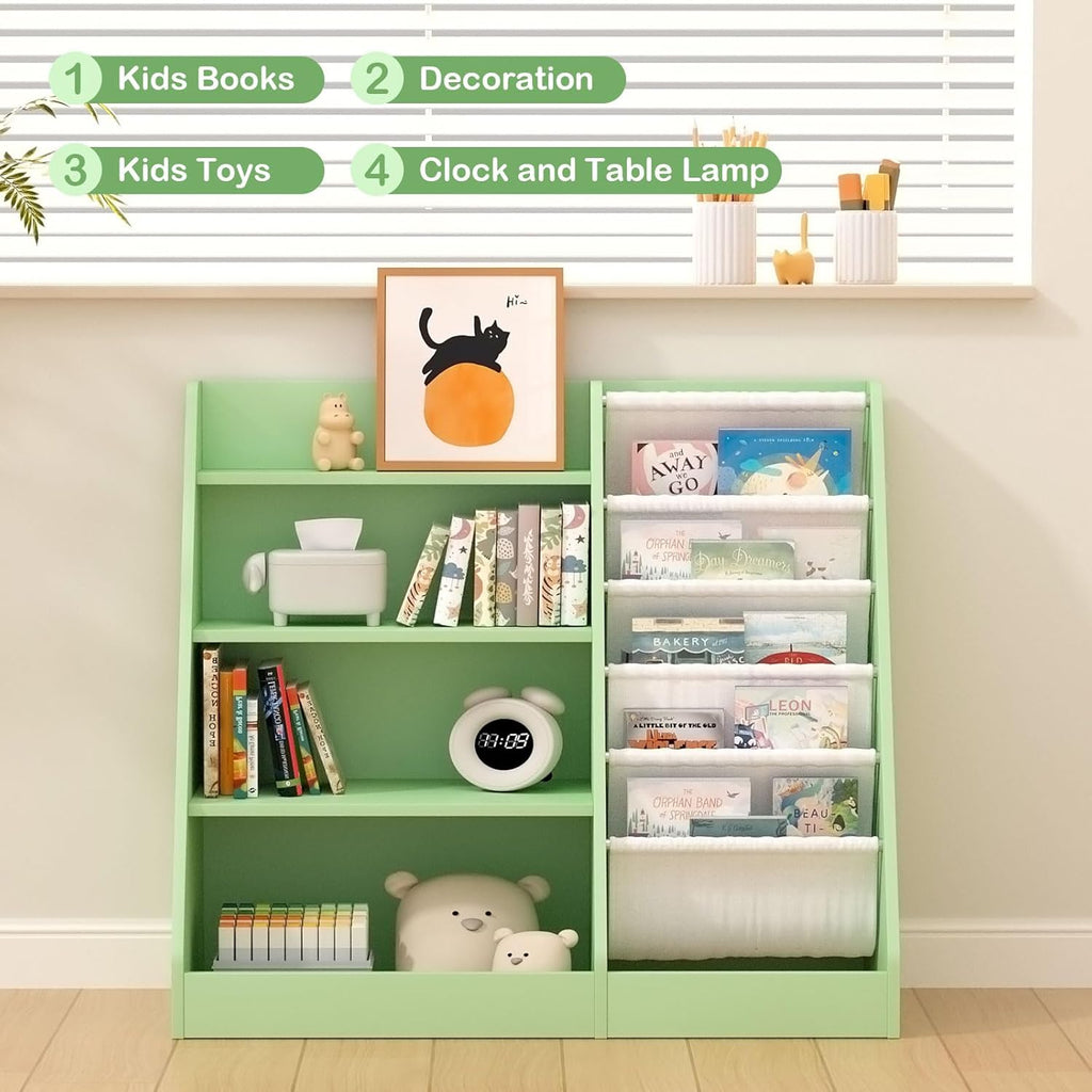 Kids Bookshelf Toddler Bookcase Children Book Rack Baby Toy Storage Organizer Child Book Display Shelf 4-Tier 5 Layer Sling Cabinet Chest Playroom Bedroom Classroom Library Green