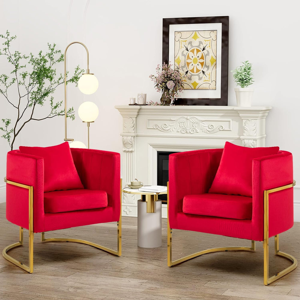Velvet Accent Barrel Chairs Set of 2, Modern Arm Club Chair Set with Pillow f...