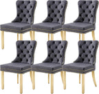 KCC Velvet Dining Chairs Set of 6, Upholstered High-end Tufted Dining Chair with Nailhead Back Ring Pull Trim Stainless Steel Legs, Contemporary Nikki Collection Modern Style for Kitchen, Dark Gray