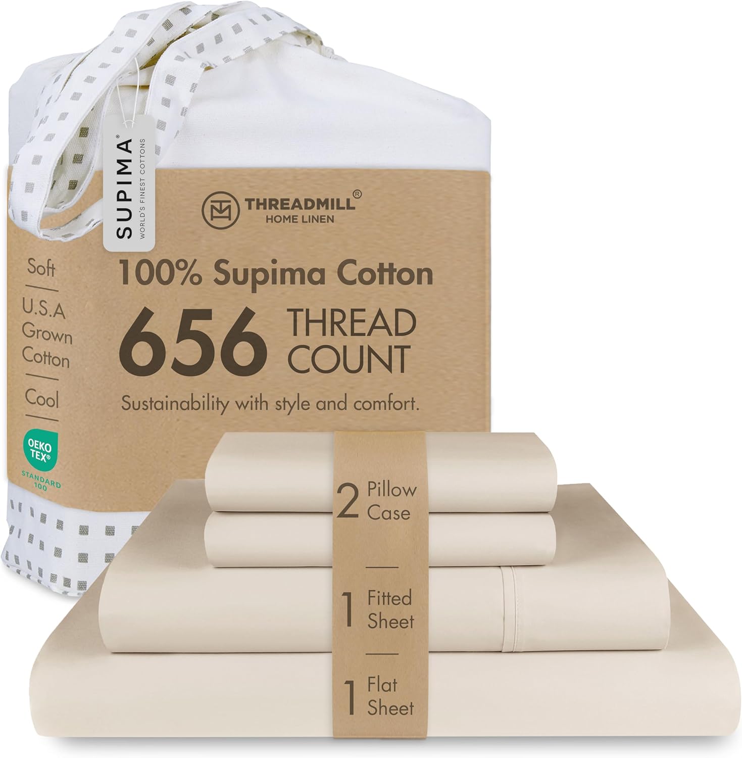 Threadmill Supima Cotton Sheets Queen | 656 Thread Count Queen Sheet for Queen Mattress | 4 Piece Luxury Bed Sheets | Sateen Weave Hotel Quality Sheet with Elasticized Deep Pocket | Beige Sheets