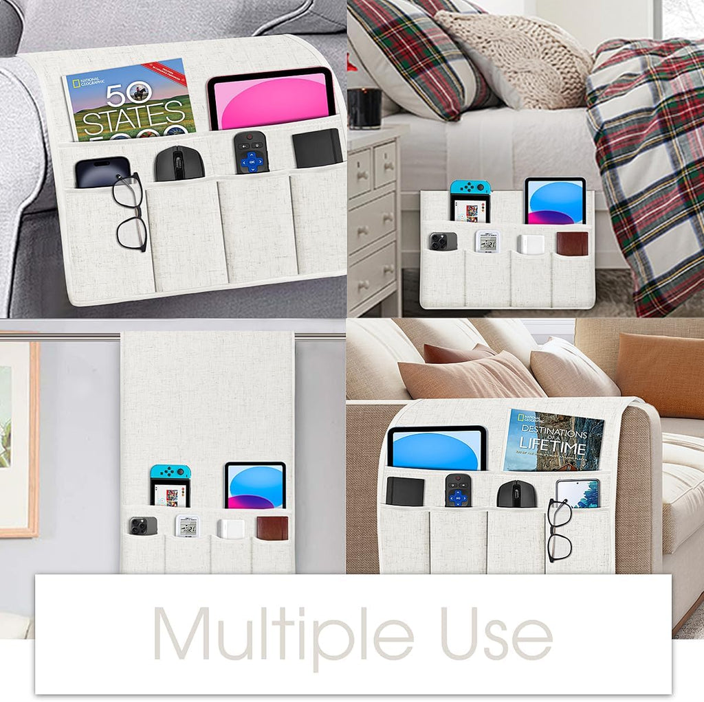 Joywell Couch Remote Holder Sofa Armrest Organizer Non Slip Arm Chair Caddie for Recliner with 6 Pocket Storage for Magazine, Tablet, Phone, iPad, Beige White