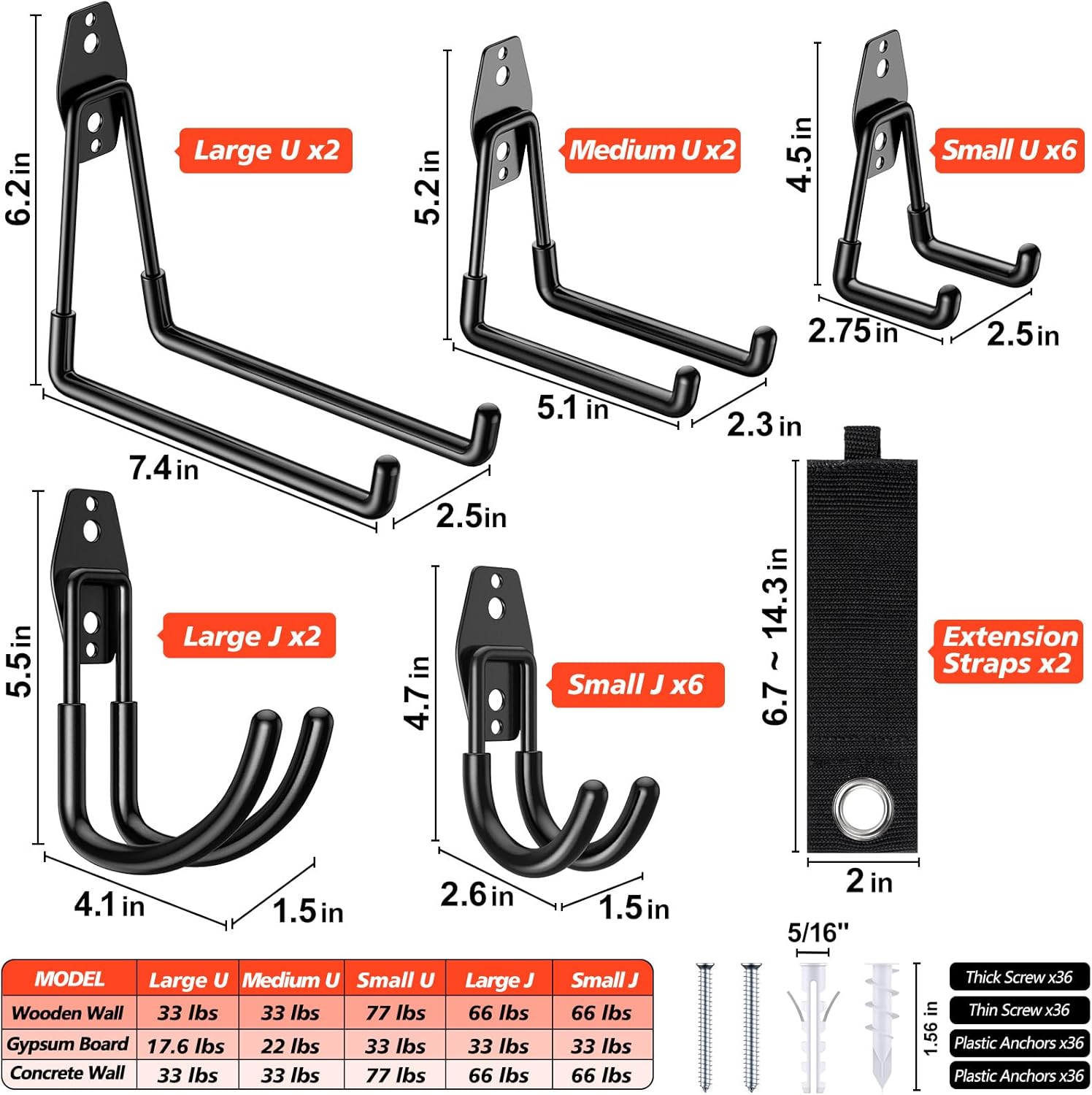 20 Pack Heavy Duty Garage Hooks,Solid Steel Wall Mount Hangers,with Anti-Slip Coating,for Hanging and Organising Ladder,Bike,Ropes,Broom,Garden,Yard and Power Tools