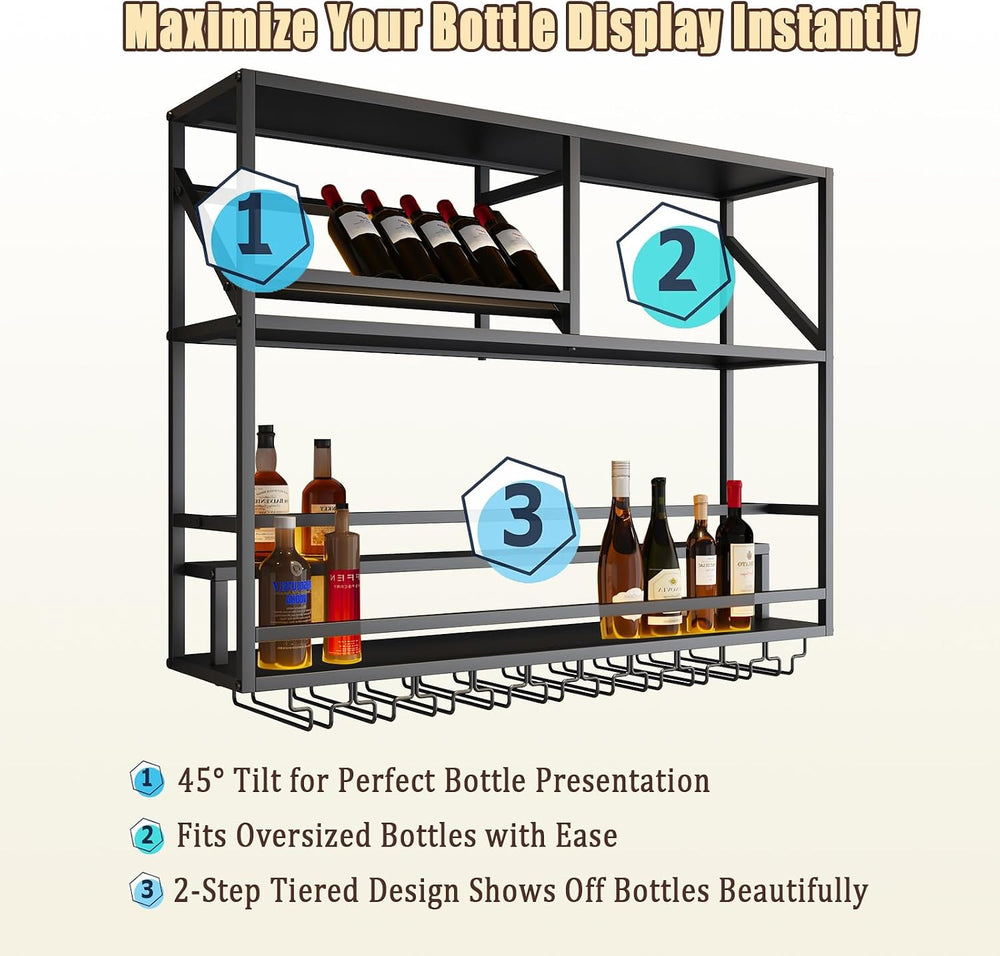 31.5in Wall Mounted Wine Rack with LED Lights, Stepped 3-Tier Bar Shelf | Liq...