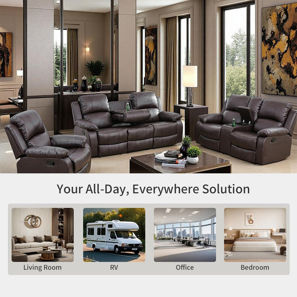 Manual Reclining Couch Sofa Set with Drop-Down Table, 3 Pieces Brown Leather ...