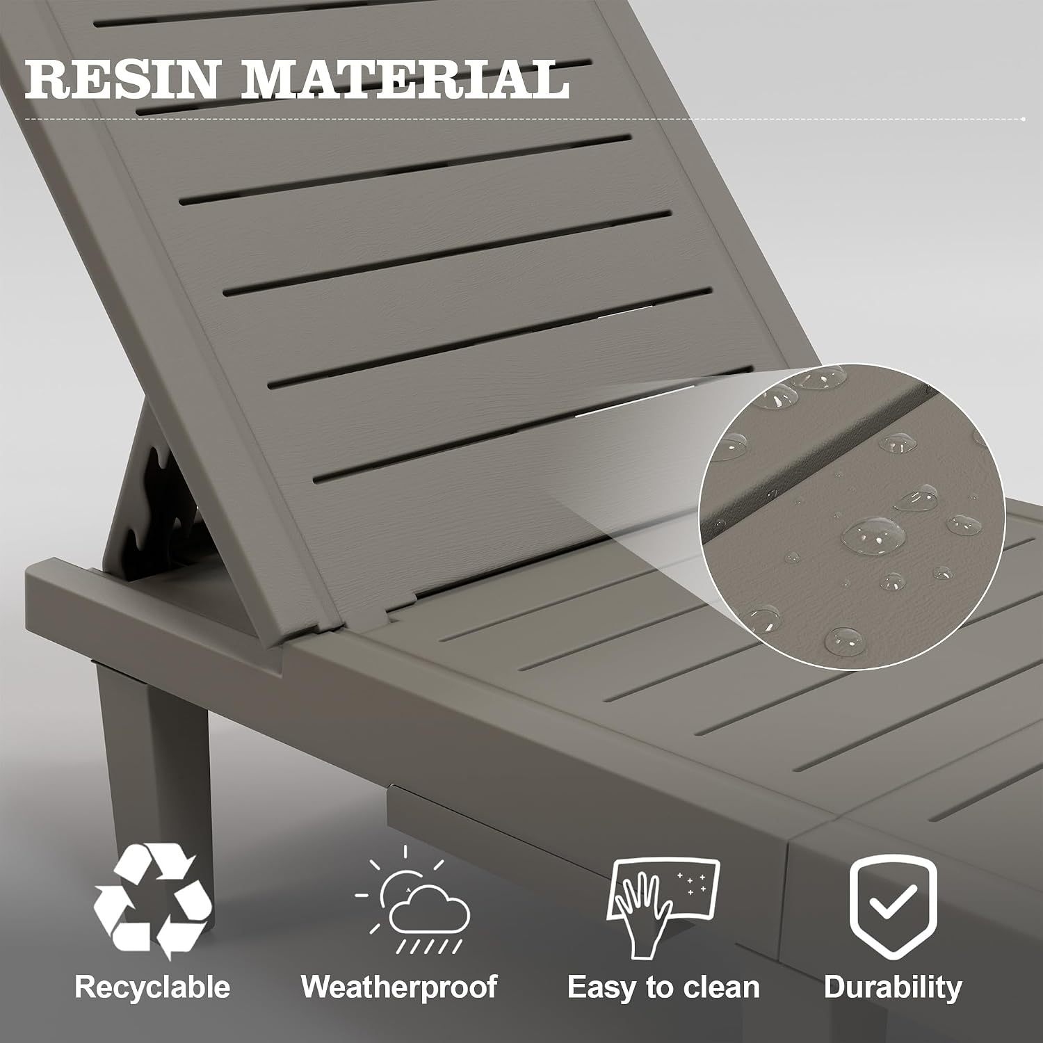 UDPATIO Outdoor Lounge Chair Pool Waterproof Chaise Chairs Reclining | Resin 5-Position Adjustable with Cup Holder Patio Recliner Furniture Weather Resistance for Beach Garden Indoor Resin L Grey