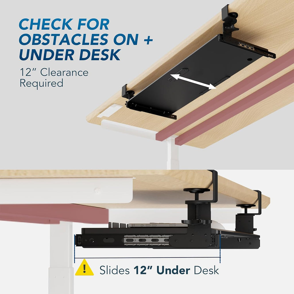 AX WABER Keyboard Tray Under Desk Pull Out with Extra Sturdy Adjustable C Clamp Mount System, 27.3 (32.5 inch Including Clamps) x 11 Inch Slide-Out Platform Computer Drawer for Typing, Black,AX01WB01