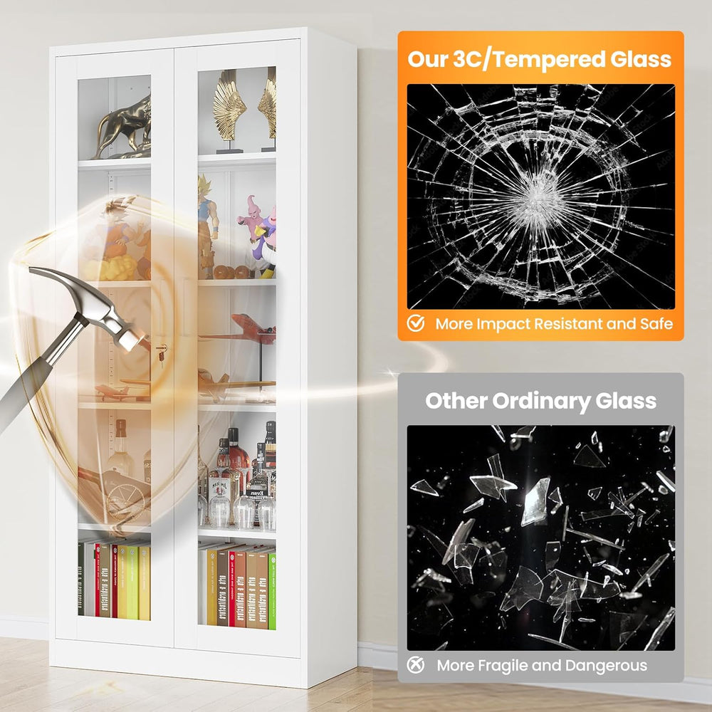 Locking Display Cabinet with Glass Door, 71”H Metal Curio Cabinets with Adjus...