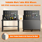 Work Bench for Garage, 45.5" Heavy Duty Workbench with Pegboard, Foldable Steel Work Table with Wheels for Woodworking Shop Garage Home Office Warehouse, Easy Assembly