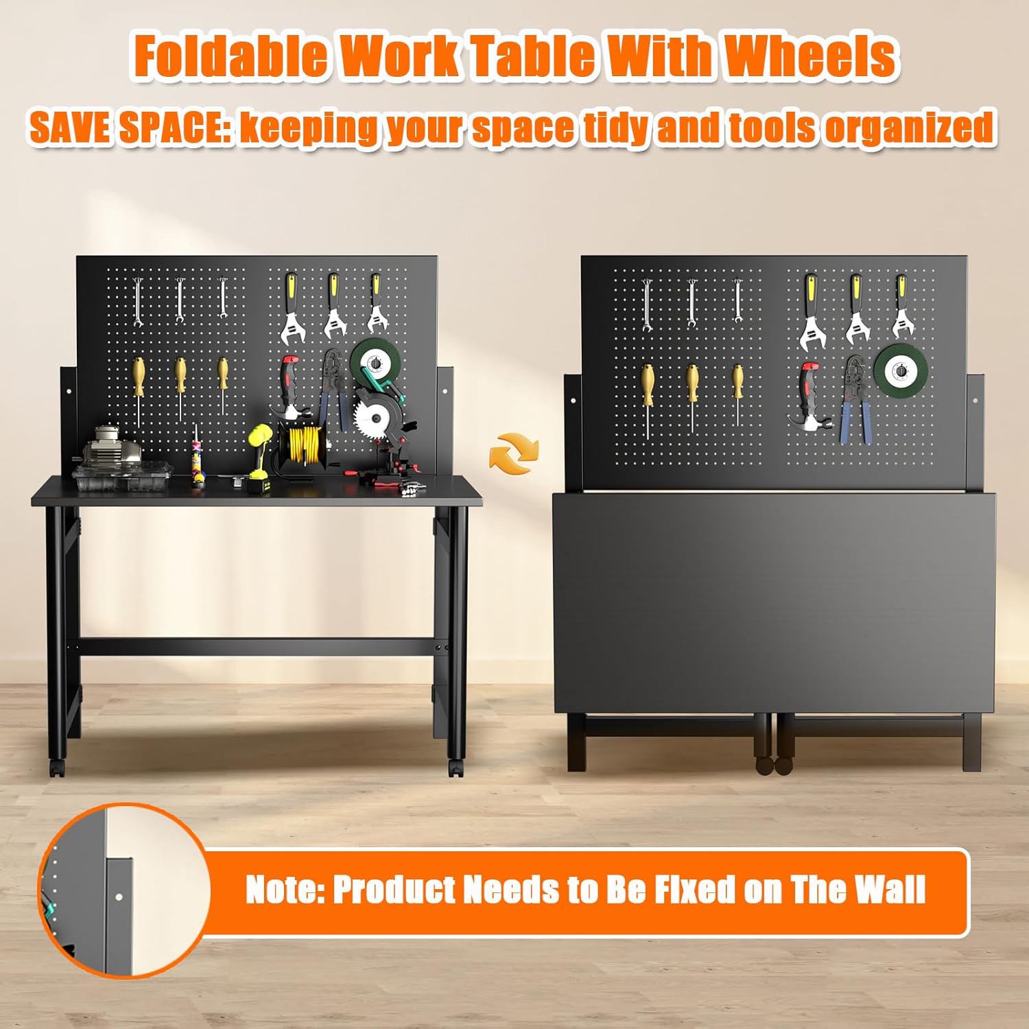 Work Bench for Garage, 45.5" Heavy Duty Workbench with Pegboard, Foldable Steel Work Table with Wheels for Woodworking Shop Garage Home Office Warehouse, Easy Assembly