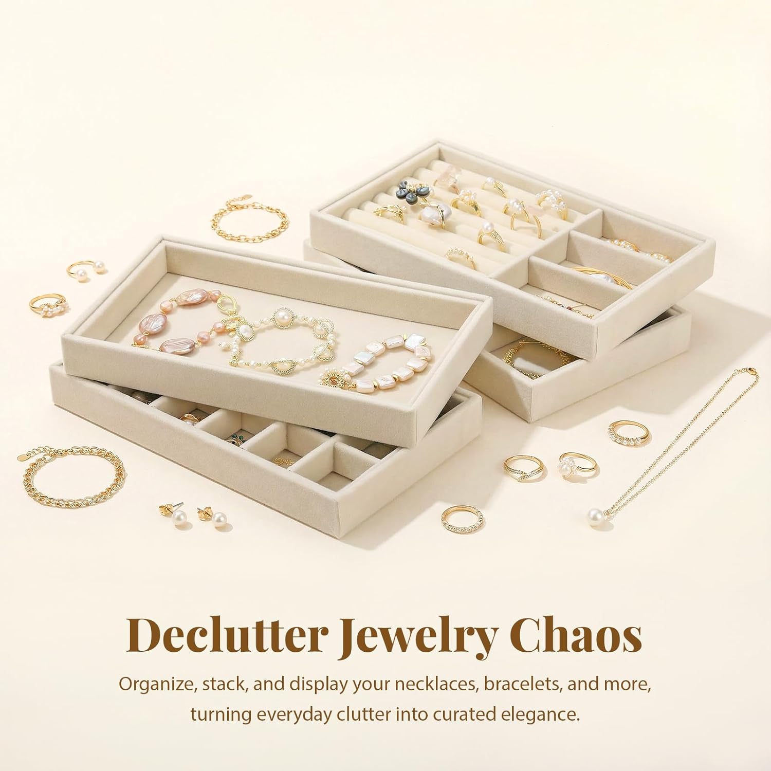 Elsjoy 8 Pack Velvet Jewelry Trays, Stackable Jewelry Organizer Trays for Drawers, Beige Jewelry Storage and Display Tray Inserts for Necklaces, Rings, Earrings