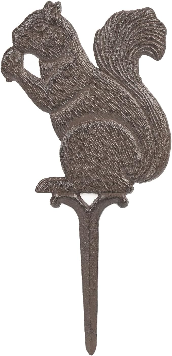 Sungmor Vintage Cast Iron Squirrel Garden Stake,14.6 Inch Tall Rustic Brown