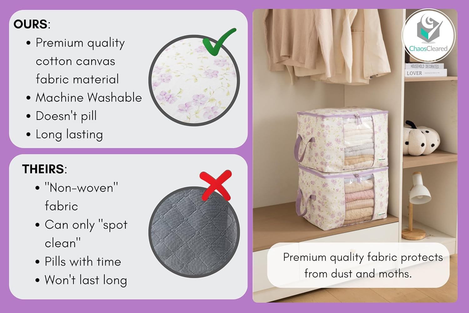 Designer Canvas Clothing Storage Bags 2 Pack Purple Floral Clothes Organizer bags for sweaters, clothing, garments, quilt, linens, large folding organizers with zip & window, moth proof space saver
