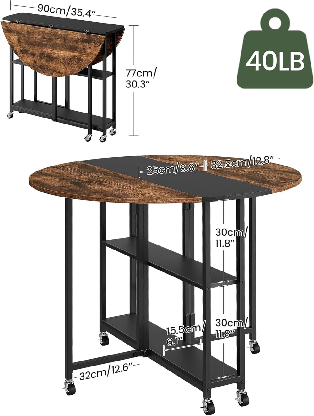 CHOEZON Folding Dining Table, Kitchen Table with 6 Wheels, Folding Round Tabl...