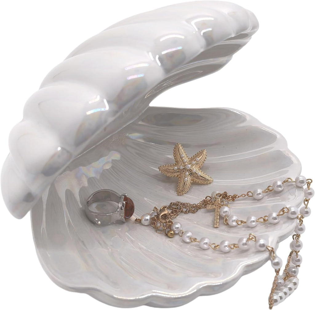 Shell Trinket Dish Ceramic Conch Ring Holder Jewelry Tray Decorative Jewelry Plate Cute Jewelry Organizer for Home Decor (Large Shell White)