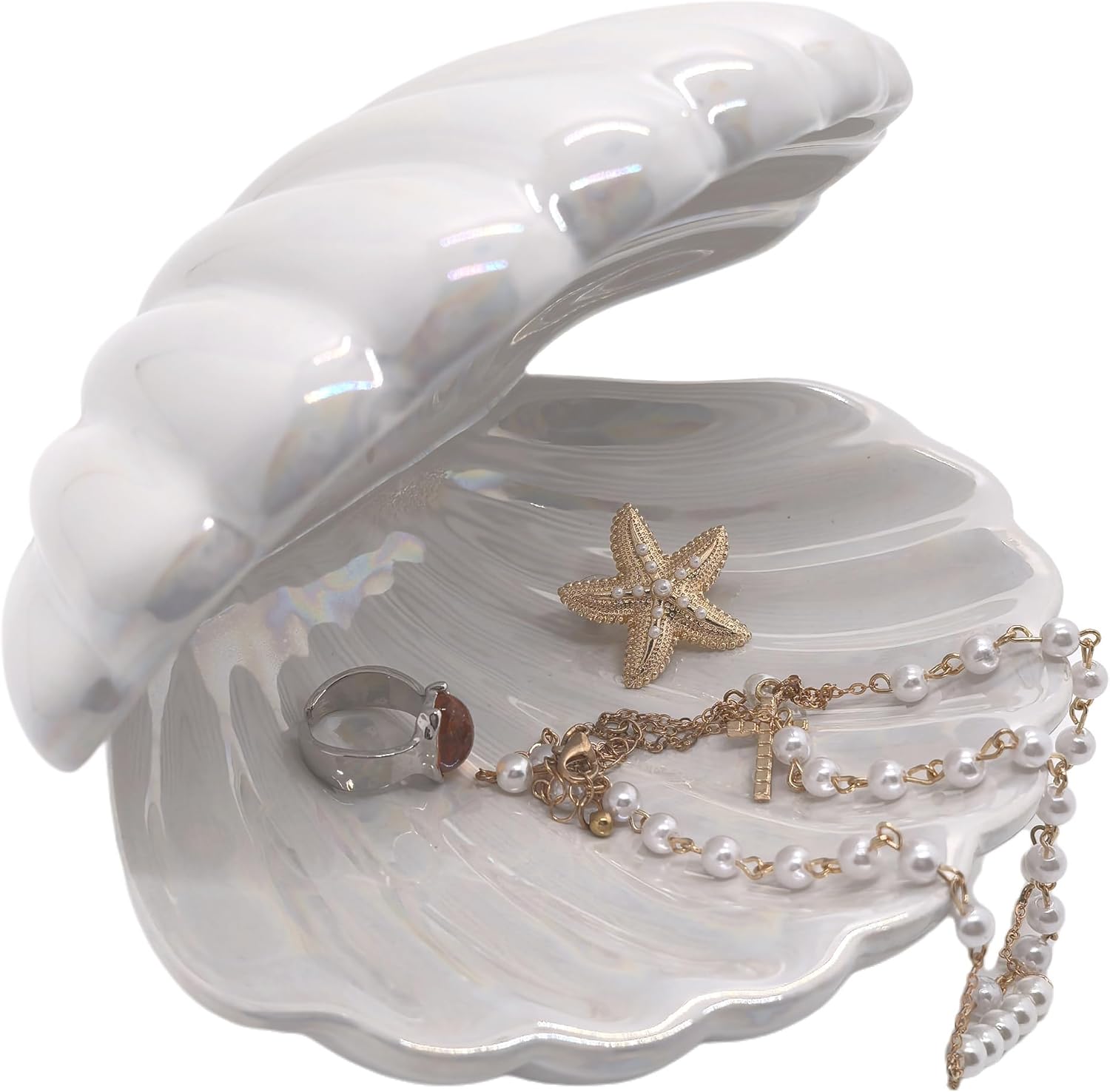 Shell Trinket Dish Ceramic Conch Ring Holder Jewelry Tray Decorative Jewelry Plate Cute Jewelry Organizer for Home Decor (Large Shell White)