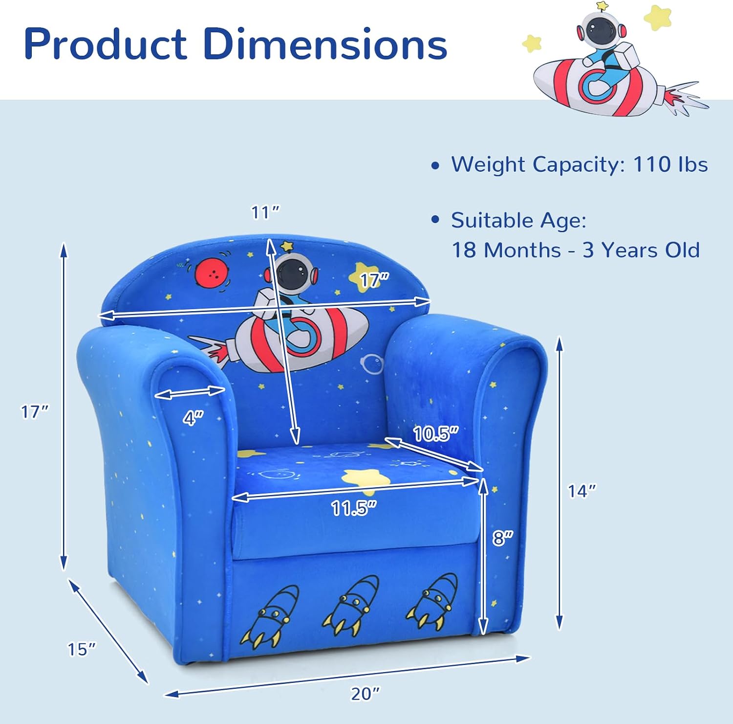 INFANS Kids Sofa, Toddler Armchair Chair with Sturdy Wood Construction Cartoon Pattern, Upholstered Children Armrest Couch for Nursery Kindergarten Playroom Preschool, Gift for Boys Girls