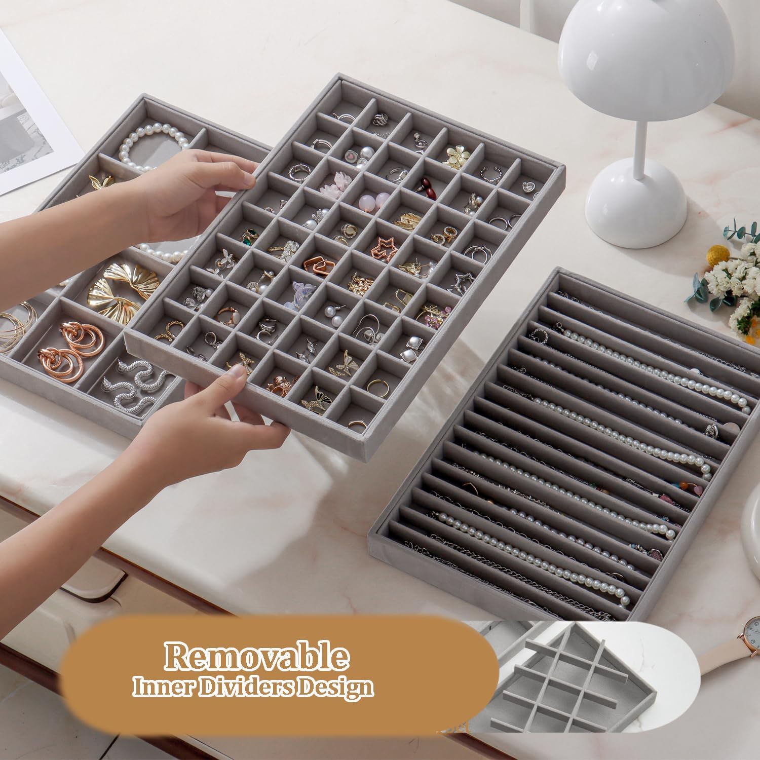 Large Jewelry Organizer for Drawer Insert Velvet Stackable Jewelry Trays for Earring Necklace Bracelet Ring Display (Gray, 48 Grids)