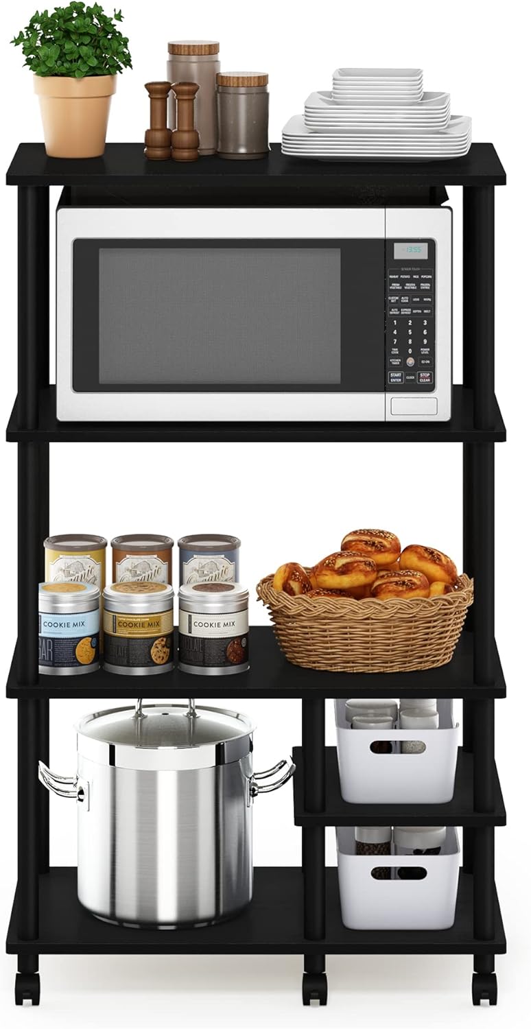 Furinno Turn-N-Tube Bakers Rack with Wheels, 4-Tier Kitchen Storage Cart, Kitchen Cart, Coffee Bar, Pantry Organizers and Storage, Dark Americano