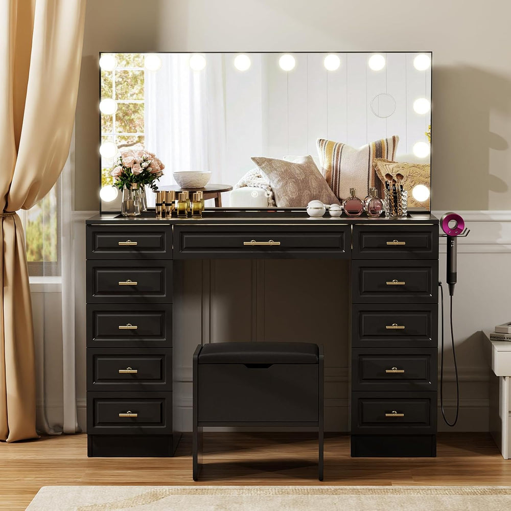 VOWNER Vanity with Lighted Mirror, Makeup Vanity Desk w/Bluetooth Speaker | G...