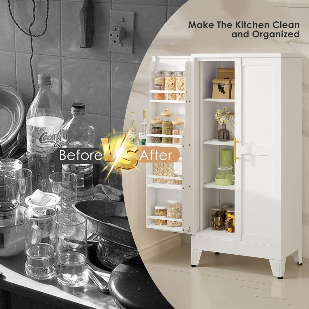 48" H Metal Kitchen Pantry Storage Cabinet, Freestanding Cupboard Storag...
