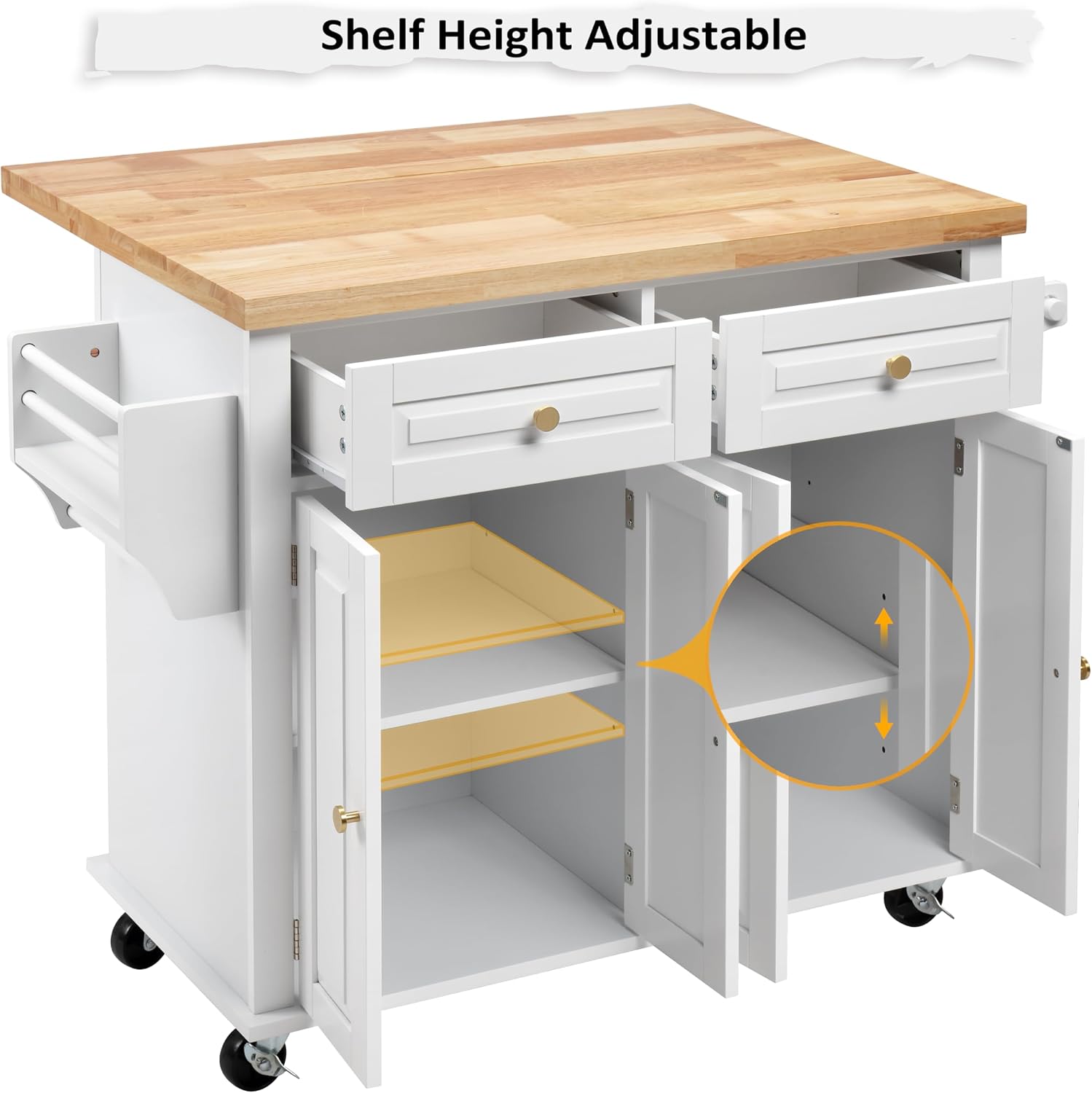 Finnhomy Rolling Kitchen Island With Drop Leaf, Thicken Rubberwood Top, Spice Rack, Towel Rack, Drawer, 43.3" Portable Mobile Kitchen Island Carts Table, Storage Cabinet, Both Wheels and Feet Included