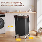 160L Laundry Basket with Wheels, 2-section Rolling Laundry Basket, Large Laundry Hamper with Wheels, Rolling Laundry Hamper Clothes Hamper for Home, Bathrooms and Dorm(Black)
