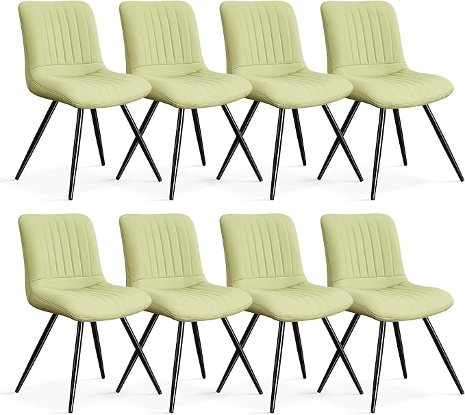 Dining Chairs Set of 8, Modern Dining Chairs with Thick Cushions, PU Leather Upholstered Kitchen Dining Room Chairs with Metal Legs for Dining Living Room (Green)