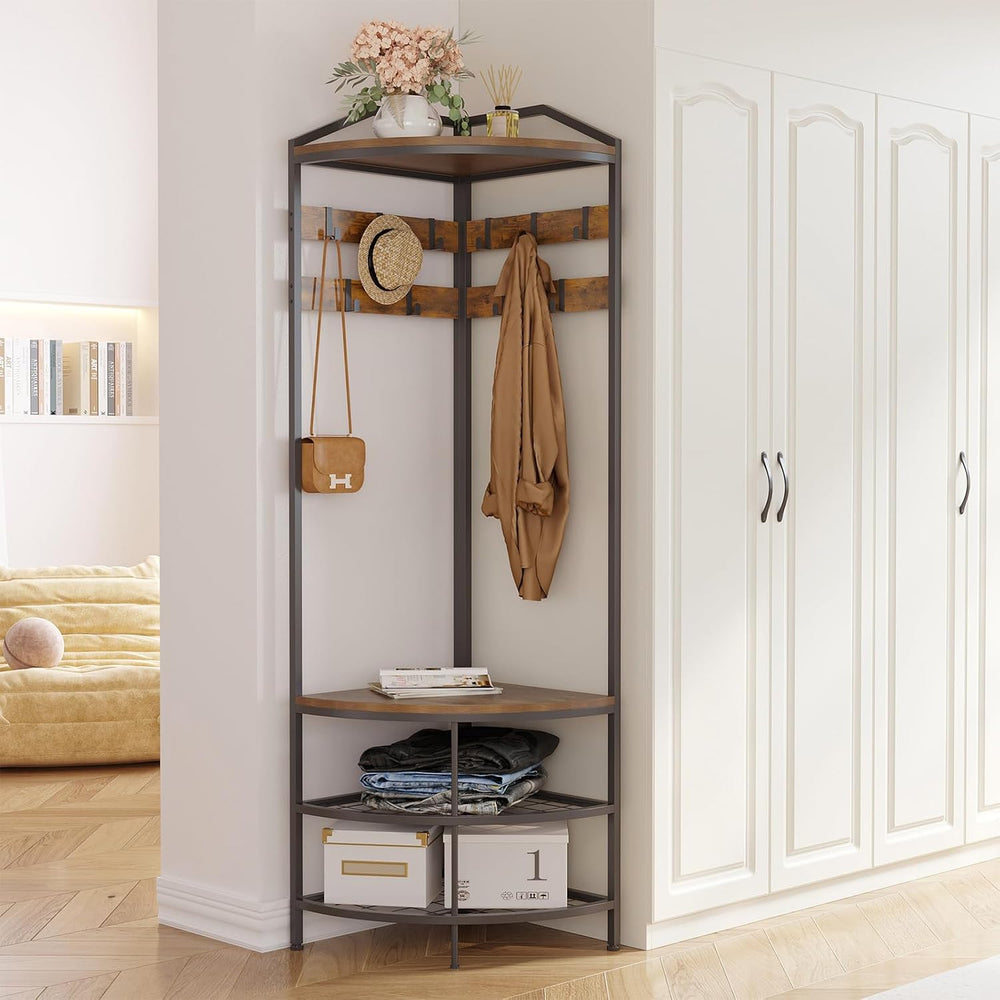 GiftGo Corner Hall Tree with Shoe Bench Entryway Coat Rack with 10 Metal Mova...