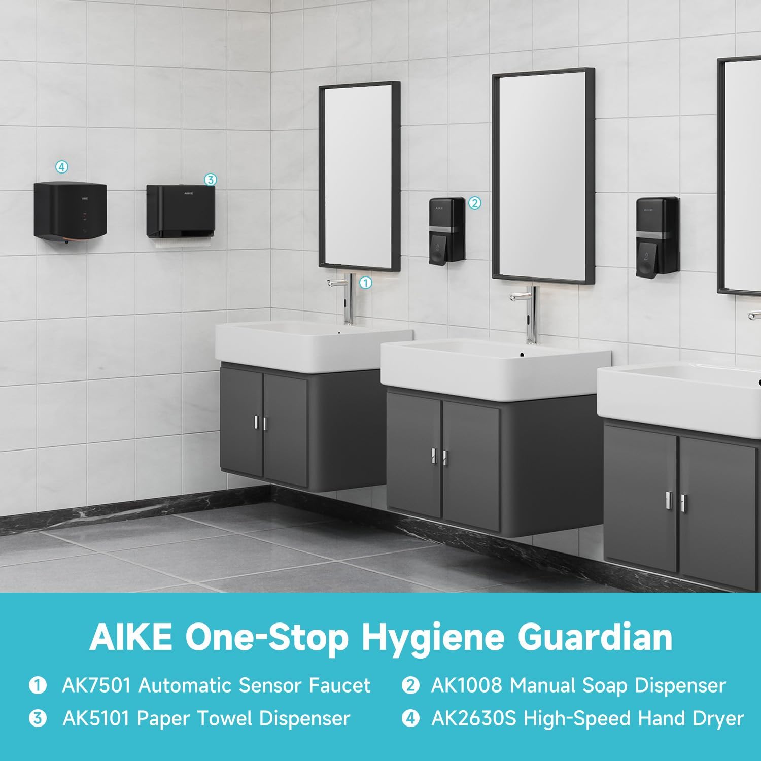 AIKE Wall Mount Liquid Soap Dispenser, 27oz Large Capacity with Extended Pump for Commercial Bathrooms(Black)