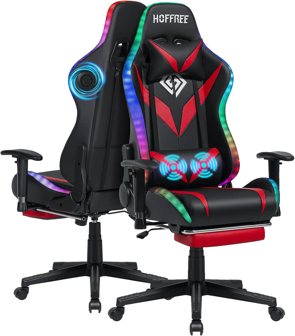 Led Gaming Chair with Speakers Massage 165° Reclining Computer Chairs-Red | R...