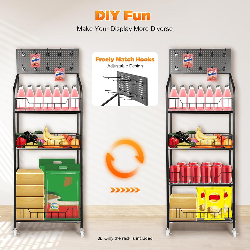 4 Tiers Baskets Adjustable Rolling Display Snack Rack, Snack Storage Organize...