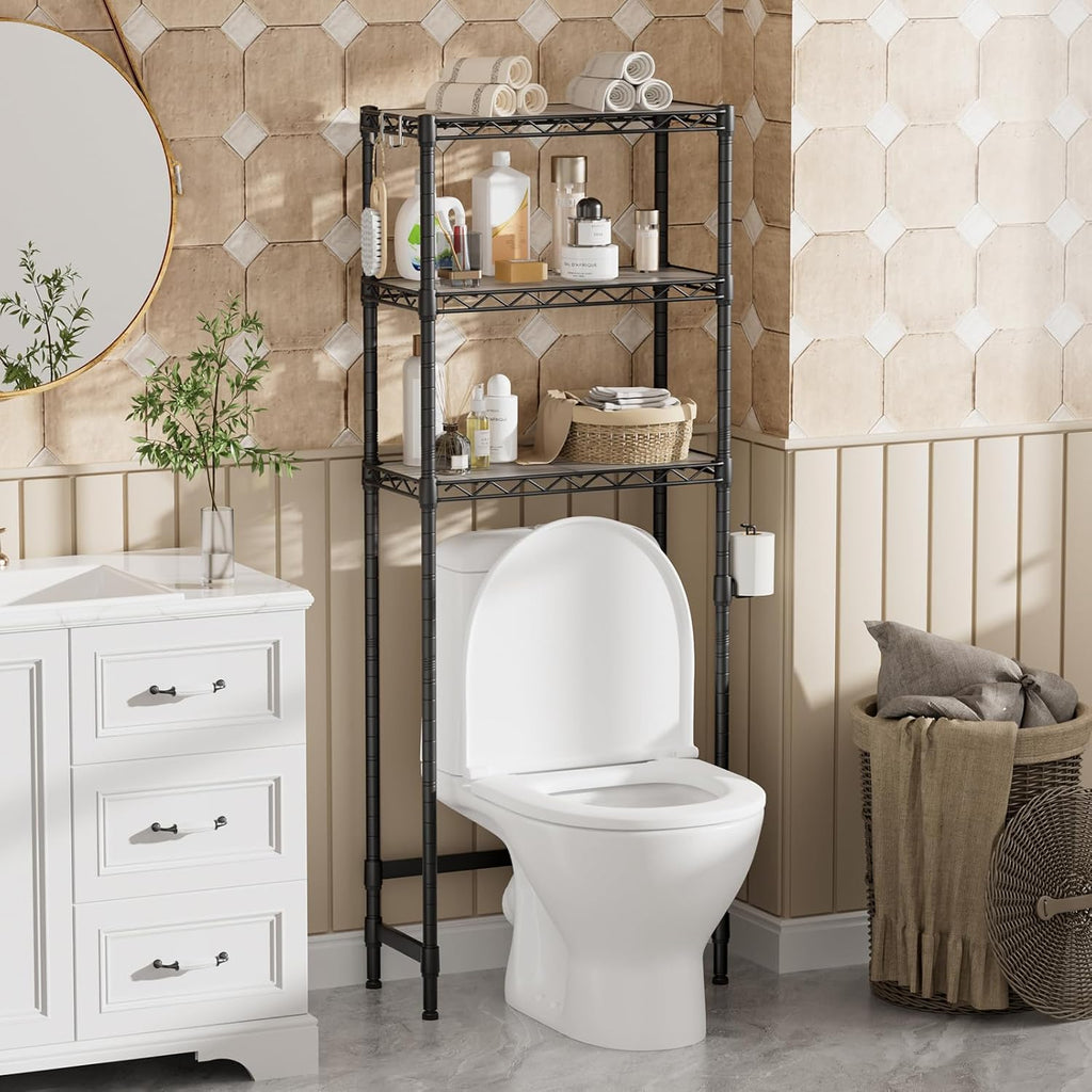3-Tier Over The Toilet Storage Shelf,Heavy Duty Adjustable Metal Bathroom Rack with Toilet Paper Holder & Hooks,Space-Saving Organizer for Bathroom,10”D x 24”W x 66”H,Black