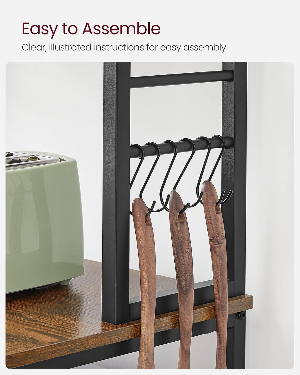 VASAGLE Coffee Bar, 23.6 Inches Baker's Rack for Kitchen with Storage, 6-Tier Kitchen Shelves with 6 Hooks, Microwave Stand, Industrial, Rustic Brown and Ink Black UKKS024B01
