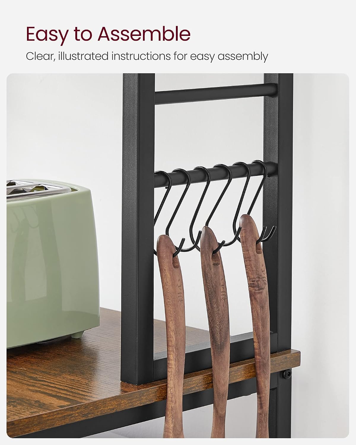 VASAGLE Coffee Bar, 23.6 Inches Baker's Rack for Kitchen with Storage, 6-Tier Kitchen Shelves with 6 Hooks, Microwave Stand, Industrial, Rustic Brown and Ink Black UKKS024B01