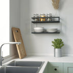 RICHER HOUSE Dual-Level Guardrail Floating Shelves, Rustic Wood Bathroom Shelf Wall Mounted, Over Toilet Paper Storage Shelves for Wall Decor, Bathroom Organizers - Black