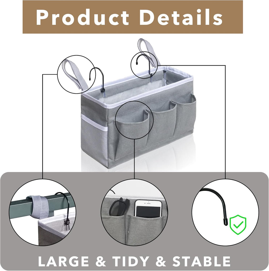 2pcs Bedside Caddy Storage Organizer, Hanging Bag Holder with Pockets for Bedroom, Loft Bed Tent, Bed Curtain, Top Bunk bed Shelf Accessories (Khaki)