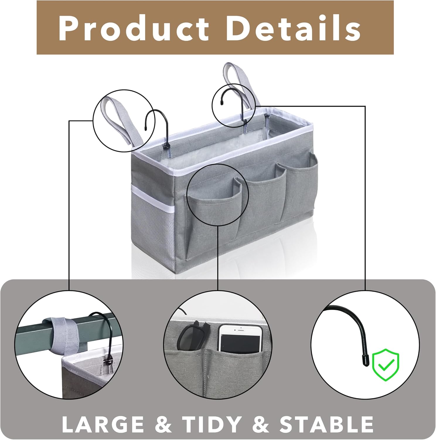 2pcs Bedside Caddy Storage Organizer, Hanging Bag Holder with Pockets for Bedroom, Loft Bed Tent, Bed Curtain, Top Bunk bed Shelf Accessories (Khaki)