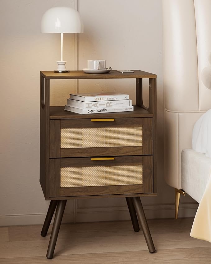 Rattan Nightstand,Farmhouse Bedside Table with 2 Storage Drawer and Open Wood...