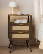 Rattan Nightstand,Farmhouse Bedside Table with 2 Storage Drawer and Open Wood Shelf, for Bedroom and Small Spaces,Night Stand with Solid Wood Legs (Walnut Brown)