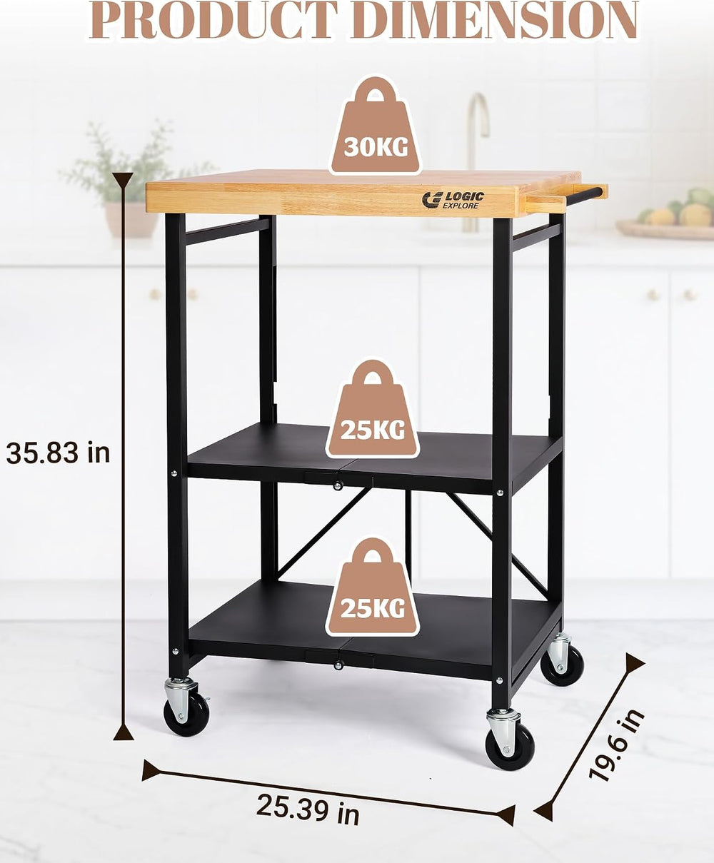Foldable Kitchen Storage Cart, Solid Oak Top, Locking Wheels | Foldable 3-tie...
