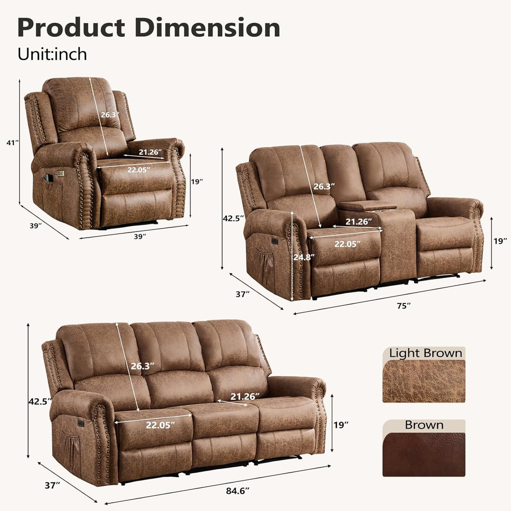 HAOMARKETS 3-Piece Power Reclining Sofa Set with Rivets, Included Electric Ma...