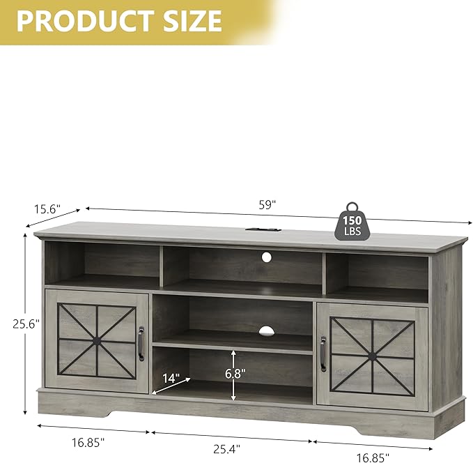 Farmhouse TV Stand for 65/60/55 Inch Tvs, Rustic Entertainment Center with LED Lights and Power Outlets, Modern Media Console Table, Wood Television Furniture for Living Room, Bedroom, Grey