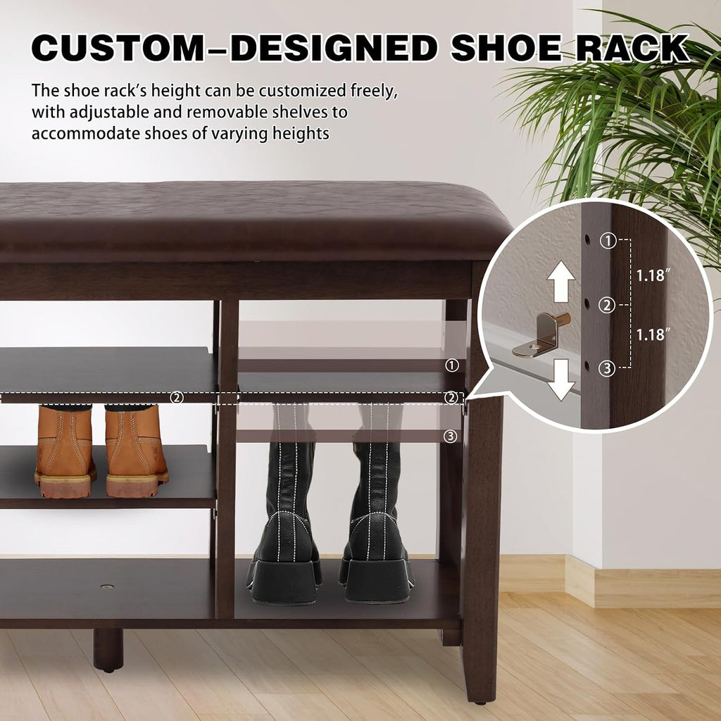 PY HOME & SPORTS Shoe Rack for Entryway 39.4": 3-Tier Shoe Storage Bench, Adjustable/Removable Shelves, Rubberwood Shoe Benches for Hallway, Porch, Bathroom, Brown