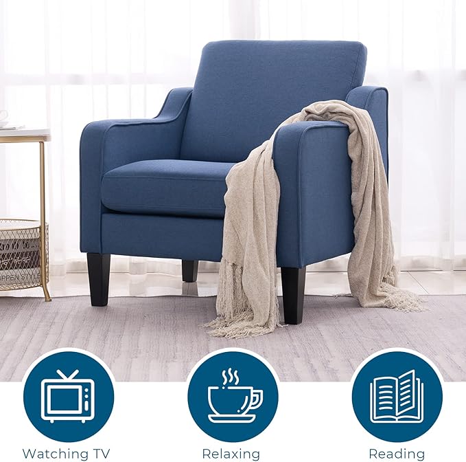 VINGLI Mid Century Modern Accent Chair, Navy Blue Fabric Accent Chairs for Living Room, Upholstered Armchair with Scooped Arms for Bedroom, Apartment, Studio, Office, Waiting Room