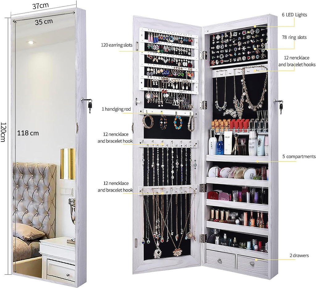 47" H Jewelry Armoire Full Length Mirror Cabinet Storage Organizer w/LED Light Wall-Mounted/Door-Hanging Lockable for Bedroom Makeups White