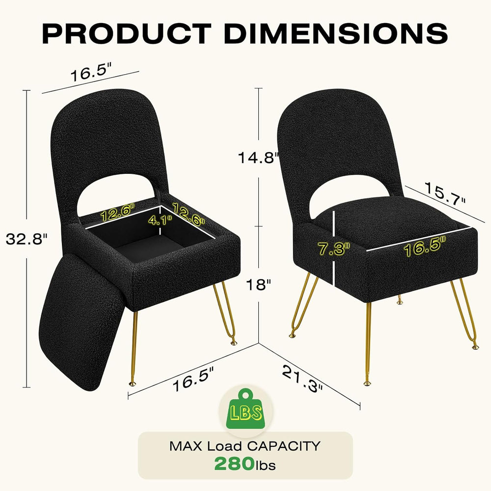Vanity Stool with Storage & Folding Backrest, Cute Black Faux Fur Makeup ...